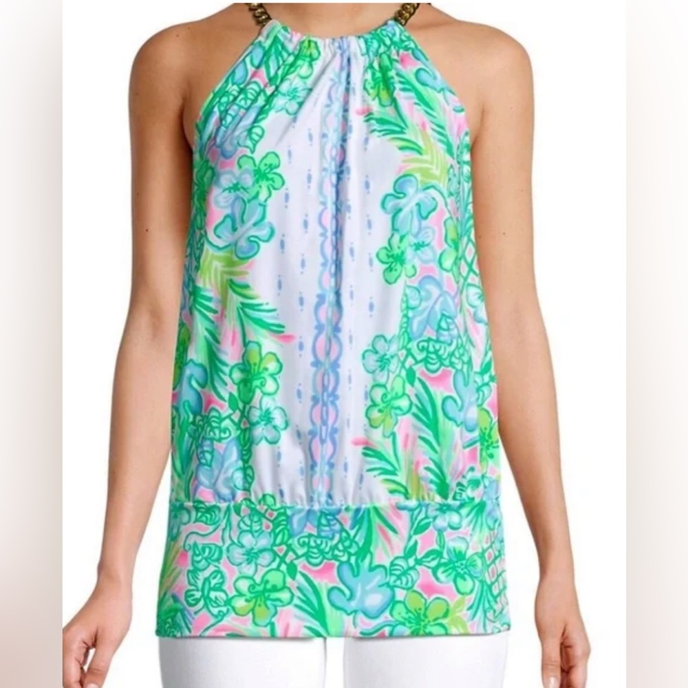 Lilly Pulitzer Blue, Green and Pink Tropical Blouson Style Halter Gold Straps